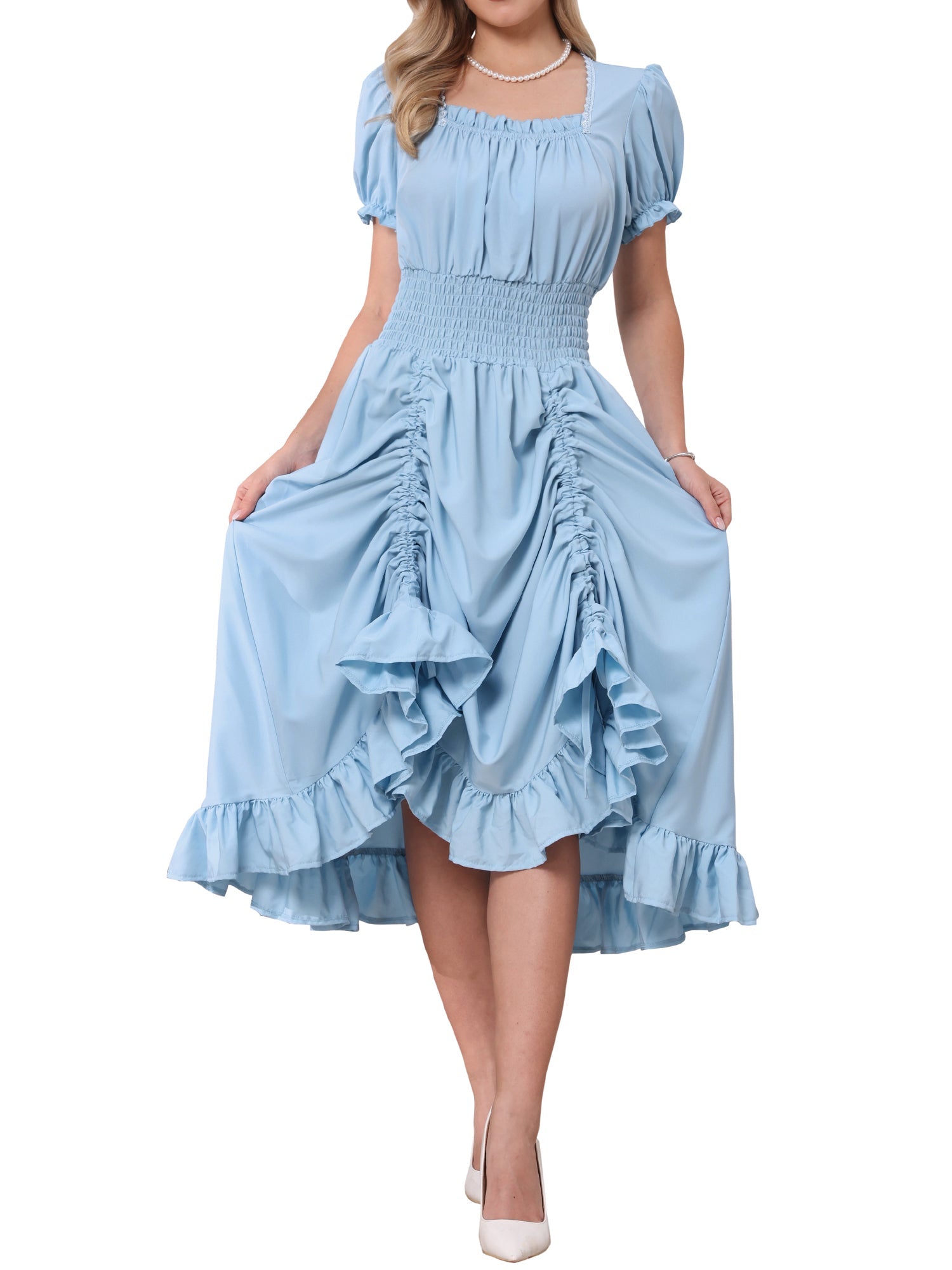 Light Blue - Model wearing a solid woven midi dress featuring a square neckline, short puff sleeves, a wide smocked waist, and a dramatic ruched front with an asymmetrical ruffled hem.