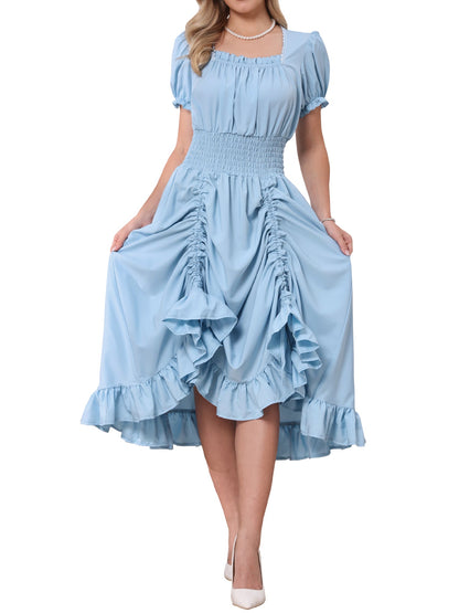Light Blue - Model wearing a solid woven midi dress featuring a square neckline, short puff sleeves, a wide smocked waist, and a dramatic ruched front with an asymmetrical ruffled hem.
