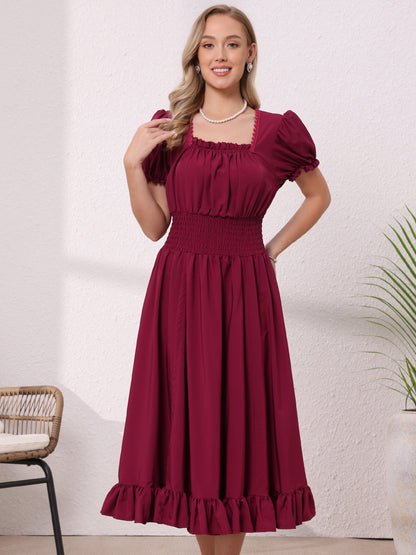 Burgundy - Model wearing a solid woven midi dress featuring a square neckline, short puff sleeves, a wide smocked waist, and a dramatic ruched front with an asymmetrical ruffled hem.