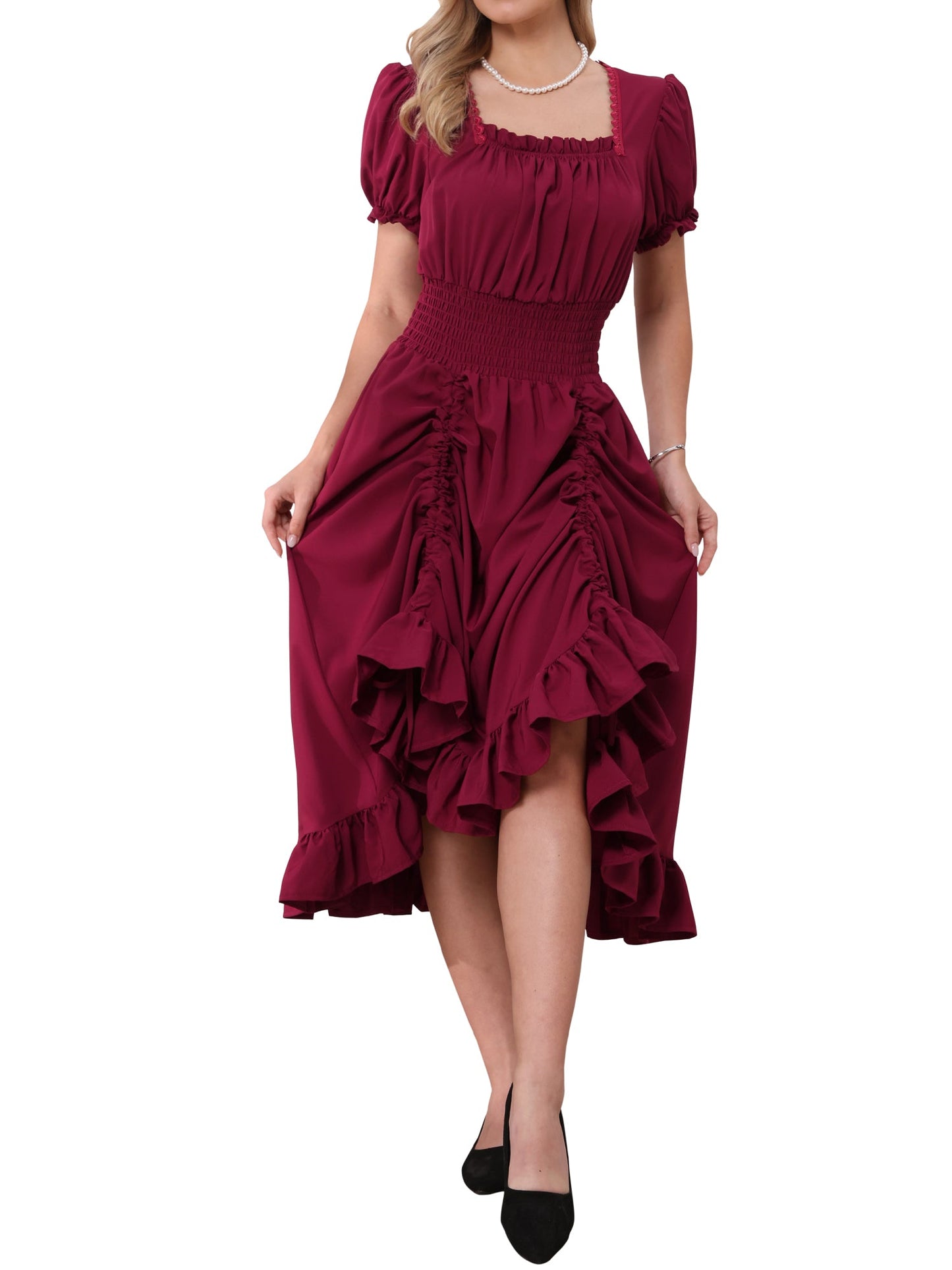 Burgundy - Model wearing a solid woven midi dress featuring a square neckline, short puff sleeves, a wide smocked waist, and a dramatic ruched front with an asymmetrical ruffled hem.