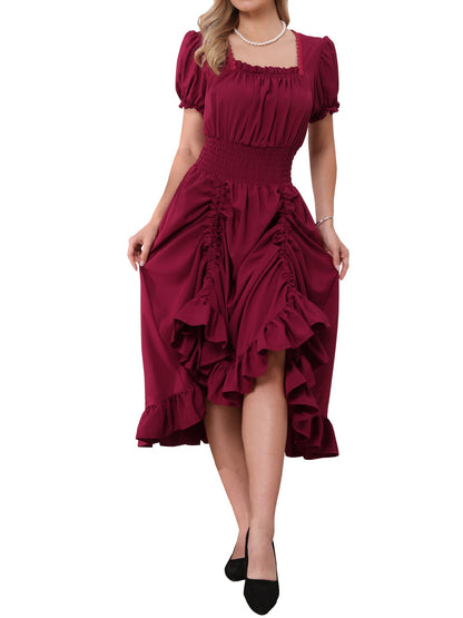 Burgundy - Model wearing a solid woven midi dress featuring a square neckline, short puff sleeves, a wide smocked waist, and a dramatic ruched front with an asymmetrical ruffled hem.