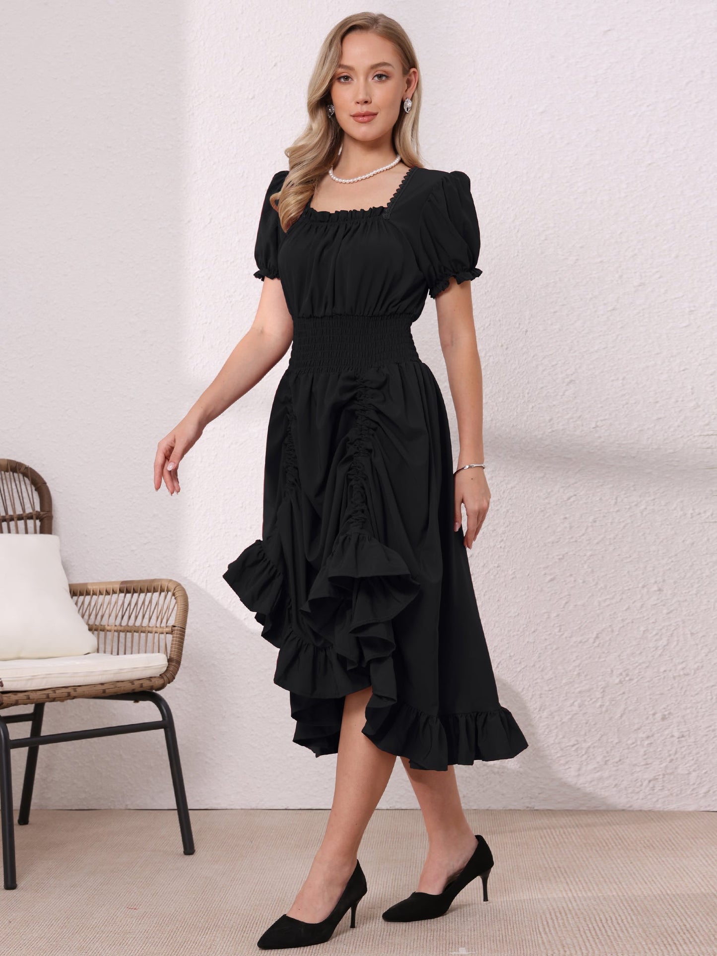 Black - Model wearing a solid woven midi dress featuring a square neckline, short puff sleeves, a wide smocked waist, and a dramatic ruched front with an asymmetrical ruffled hem.