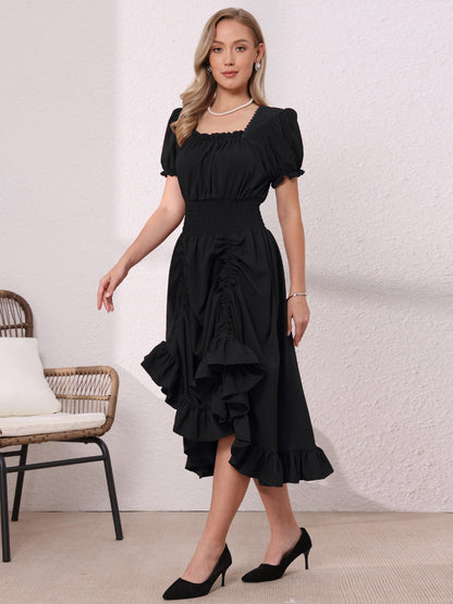 Black - Model wearing a solid woven midi dress featuring a square neckline, short puff sleeves, a wide smocked waist, and a dramatic ruched front with an asymmetrical ruffled hem.