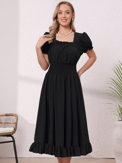 Black - Model wearing a solid woven midi dress featuring a square neckline, short puff sleeves, a wide smocked waist, and a dramatic ruched front with an asymmetrical ruffled hem.