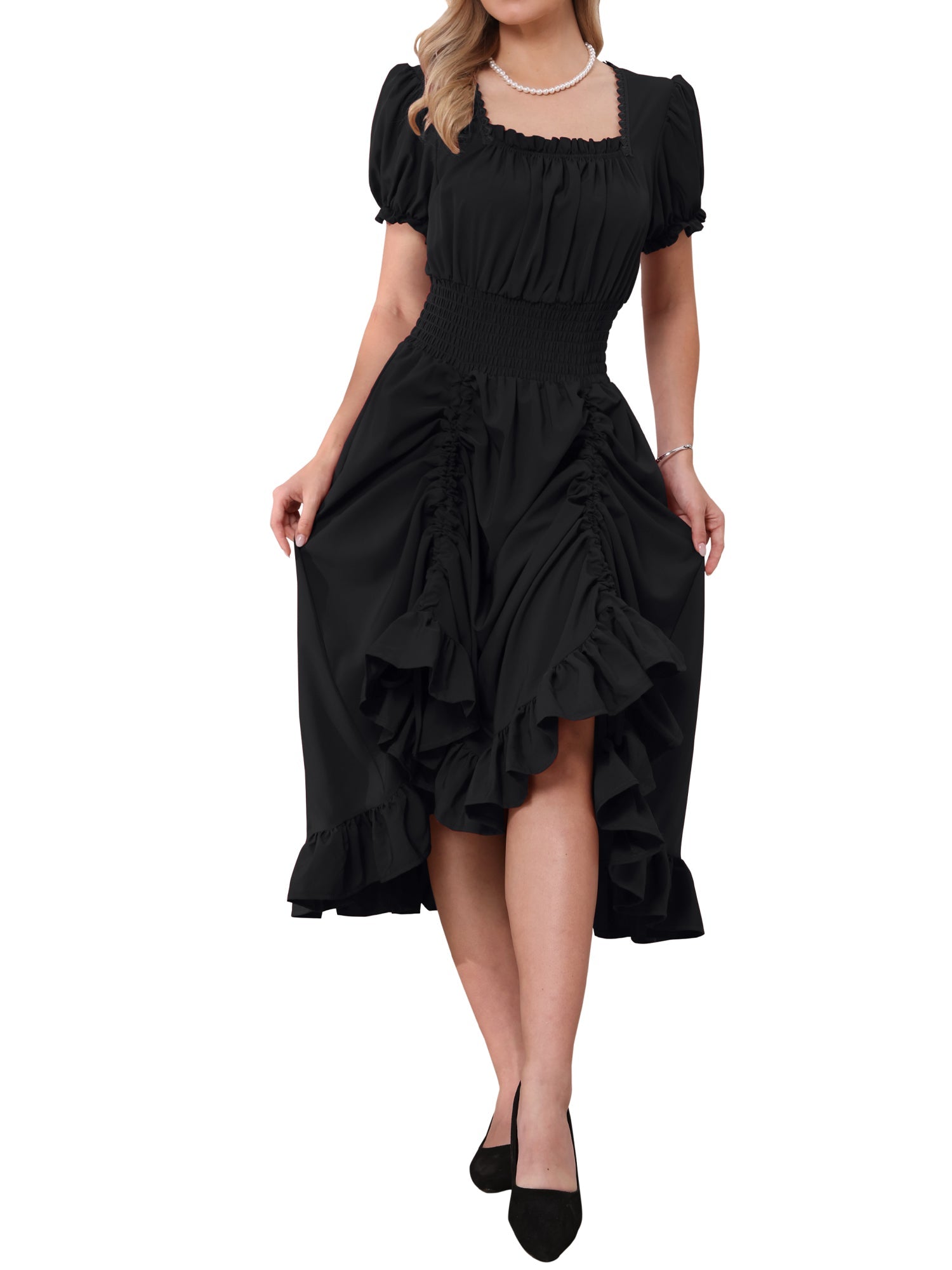 Black - Model wearing a solid woven midi dress featuring a square neckline, short puff sleeves, a wide smocked waist, and a dramatic ruched front with an asymmetrical ruffled hem.