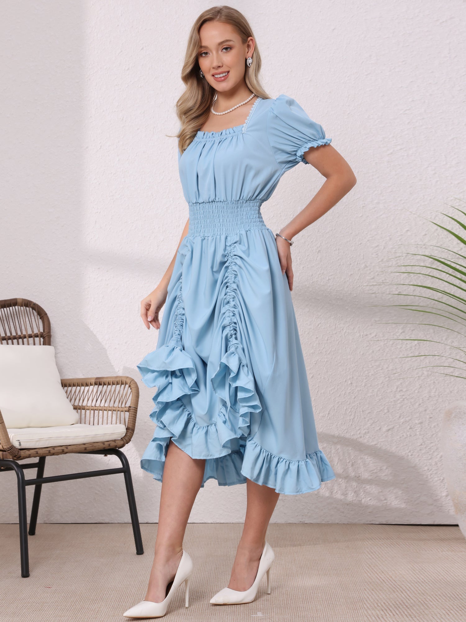 Light Blue - Model wearing a solid woven midi dress featuring a square neckline, short puff sleeves, a wide smocked waist, and a dramatic ruched front with an asymmetrical ruffled hem.