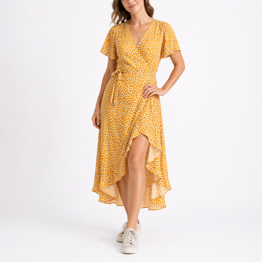 Yellow - Woman wearing a woven spotted wrap midi dress with short sleeves, a tie waist, and a high-low hemline.