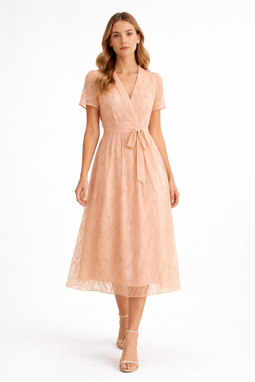 Peach - Woman wearing a woven wrap-style midi dress with short sheer sleeves, a tie waist, and a textured overlay, standing against a white background.