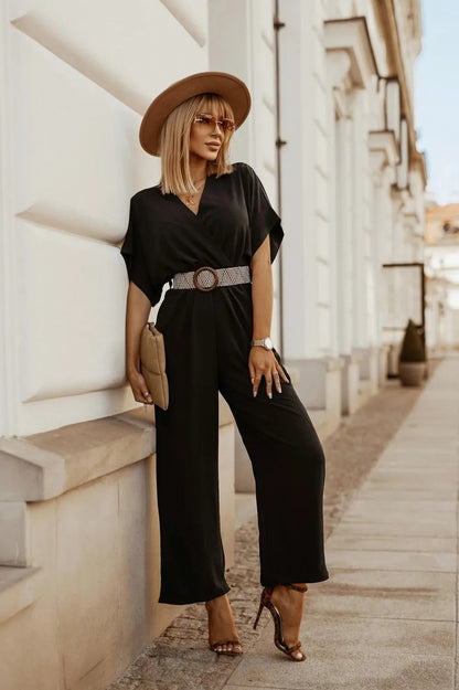 Wrap Short Sleeve Wide Leg Jumpsuit